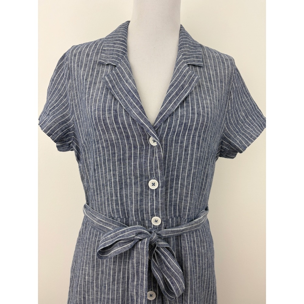 Quince 100% European Linen Button Front Dress Size M Chambray Stripe Midi Pocket - Picture 4 of 10